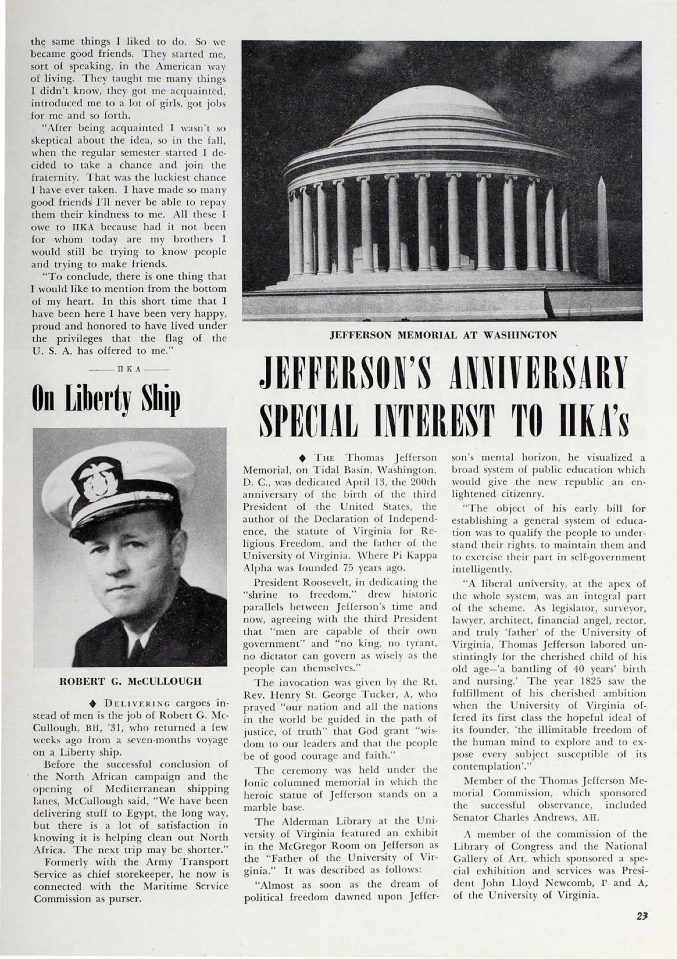 Jefferson's Anniversary Special Interest to Pi Kappa Alpha's